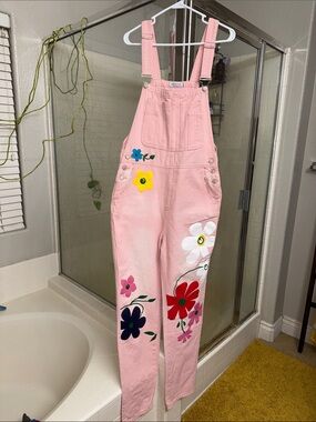MISSLOOK Pink Floral Painted Cotton Overalls with Colorful Blooms